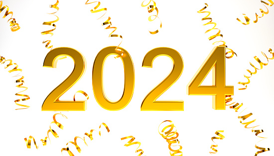 2024 gold 3D text with confetti isolated on white background, happy new year backdrop concept 3d rendering illustration.
