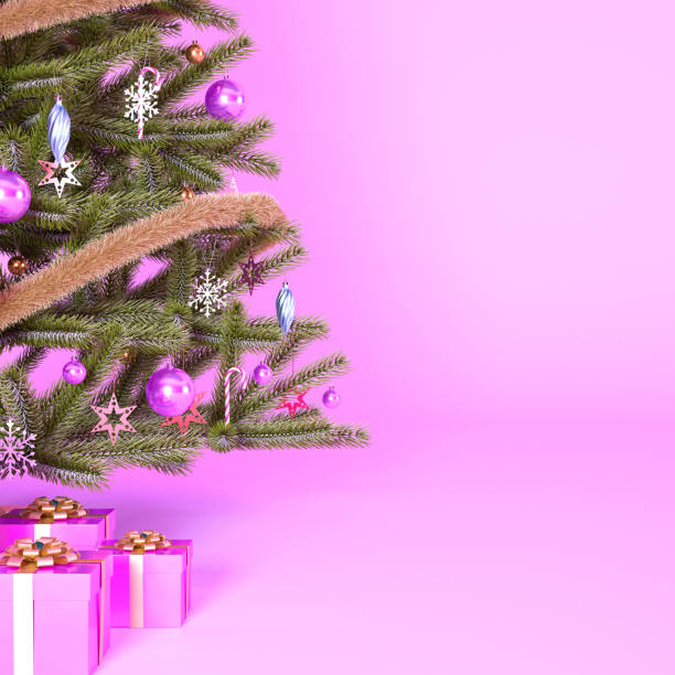 Christmas pink background with christmas tree, pink gift boxes and copy space. Happy new year pink backdrop concept 3d render illustration.