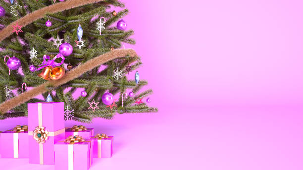 istock Christmas pink background with christmas tree, pink gift boxes and copy space, 3d render 1660918544