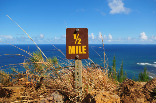 A half-mile marker on a cliff above the sea. Location: Kalalau Trail on the island of Kauai.
