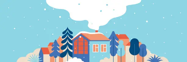 Vector illustration of Vector illustration in trendy flat simple style - Happy Holidays - Merry  Christmas and Happy New Year greeting card and banner - winter landscape with houses and hand-lettering phrase