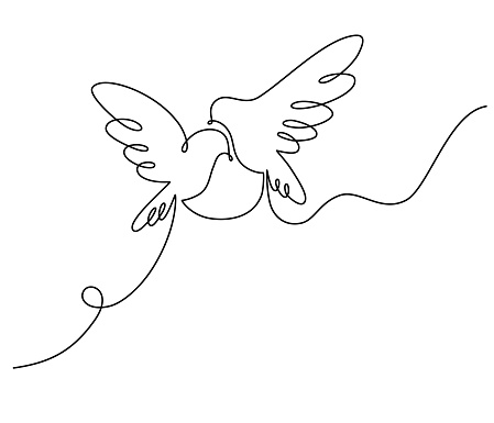 One continuous line drawing of flying dove. Pigeons, Bird symbol of peace and freedom in simple linear style. Romantic and love wedding concept. Editable stroke. Outline vector illustration