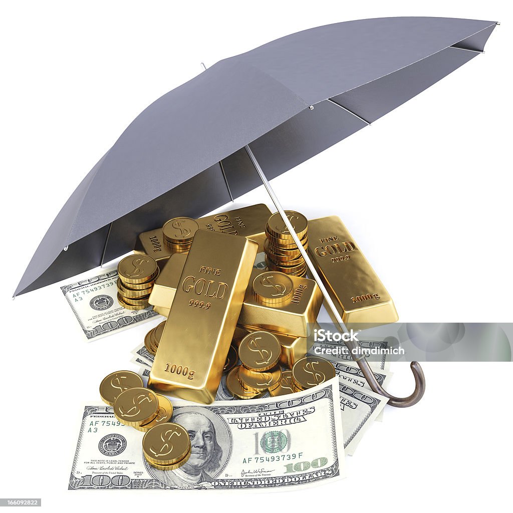 umbrella gold and money under umbrella. Coin Stock Photo