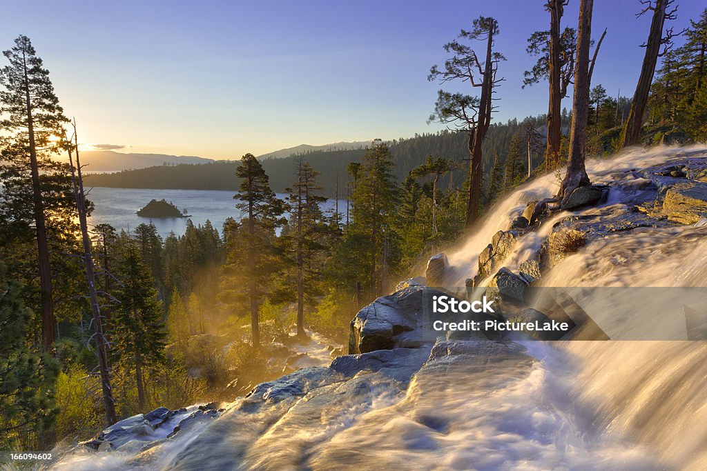 Emerald Bay sunrise, Lake Tahoe Sunrise overlooking Lake Tahoe's Emerald Bay in the background, with the upper portion of Lower Eagle Falls in the foreground; HDR. Lake Tahoe Stock Photo