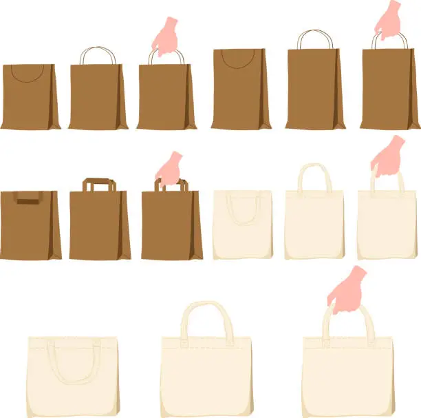 Vector illustration of hand drawn illustration set of shopping bags and tote cloth bag in brown and white with cord handles and hand carrying vector