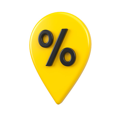 Yellow location map pin gps pointer markers illustration for destination. Black percent symbol in placemark location. 3d rendering isolated.