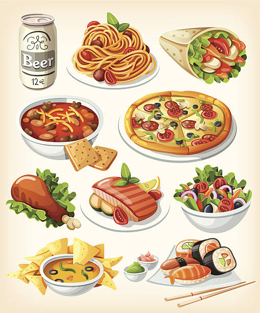 ilustrações de stock, clip art, desenhos animados e ícones de conjunto de ícones de comida tradicional. - spaghetti
