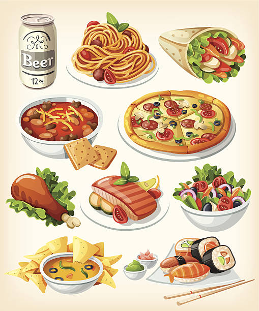 bildbanksillustrationer, clip art samt tecknat material och ikoner med set of traditional food icons. - tallrik med fisk