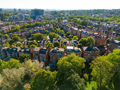 Aerial view of houses and residential streets on Hampstead Heath in London, UK