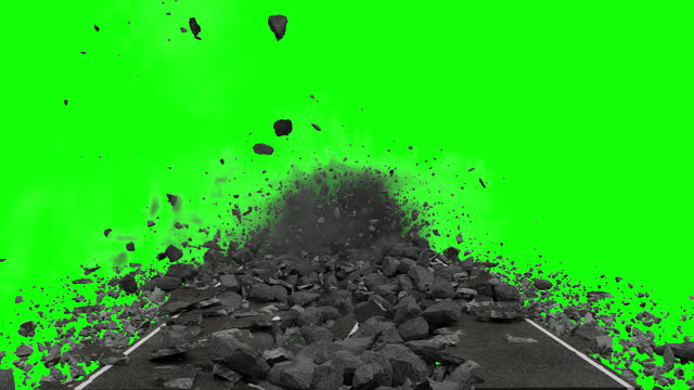 destruction of a road. visual effect of a cracking road. 3d animation of an explosion of a road on a green background