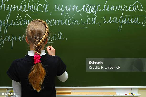 이 여학생 쓰기 분필 한 Blackboard 과학에 대한 스톡 사진 및 기타 이미지 - 과학, 교습, 교실