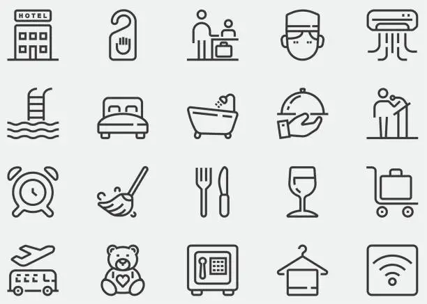 Vector illustration of Hotel service line icon. Hospitality, room, service, booking, facilities, hotel business, Hotel, Service, Luxury, Hotel Reception, Restaurant, Bed, Towel, Support, Bath, Location, Breakfast, Hostel