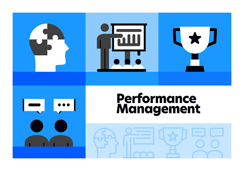 Performance Management line icon set and banner design.