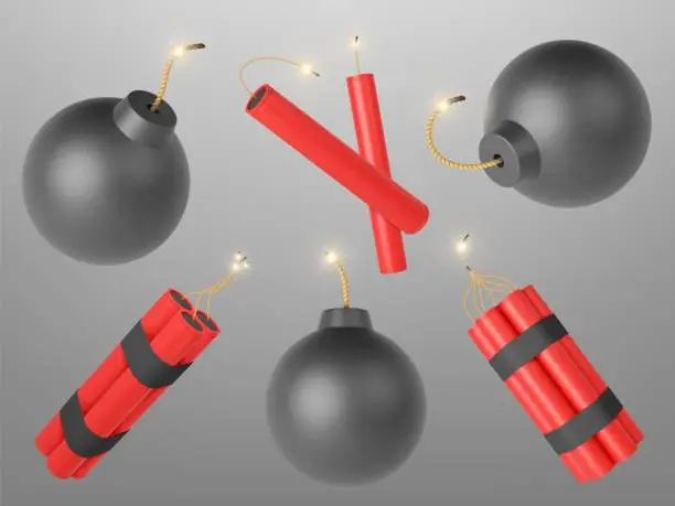 Vector illustration of Realistic 3d dynamite and bomb. Dangerous explode elements, burning bombs wicks. Symbol terrorism, war and aggression pithy vector clipart