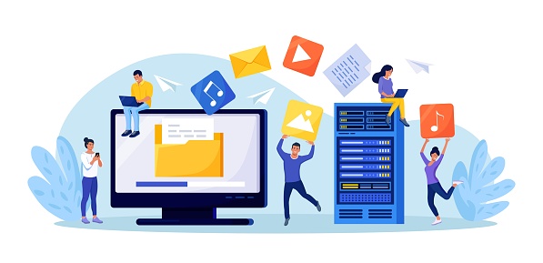 File Transfer. Computer screen with folders, transferred documents to server. Copy files, data exchange, backup. Saving document in storage. Digital data migration between devices People sharing files