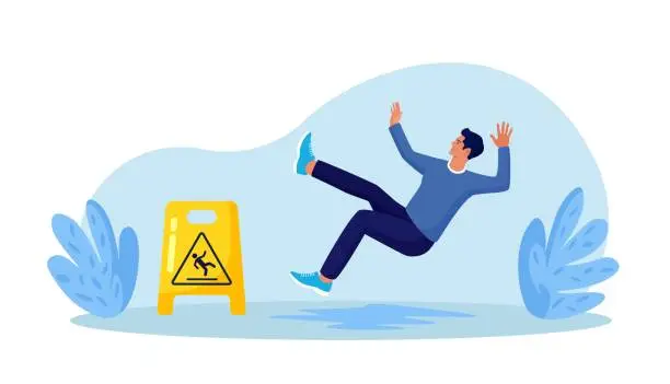 Vector illustration of Slip Wet Floor. Inconsiderate Man in Casual Clothes Slips in Puddle and Downfall. Injured Character Stumbling and Falling near Yellow Caution Danger Sign