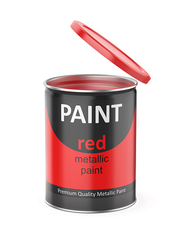 Metal can with red metallic paint on white background