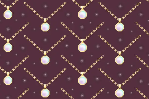 Vector illustration of Gold chain with pearl gemstone pendant. Vector seamless cartoon pattern, expensive jewelry, women necklace.
