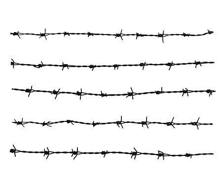 5 Barbed wire. Fence with barbed wire. Holocaust. Concentration camp. Prisoners. Border fence. Depressive. isolated on white background