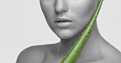 Portrait of a beautiful brunette woman with green aloe vera leaf, with naked shoulders, with healthy clean skin and fresh make-up. Aesthetic cosmetology and makeup concept.