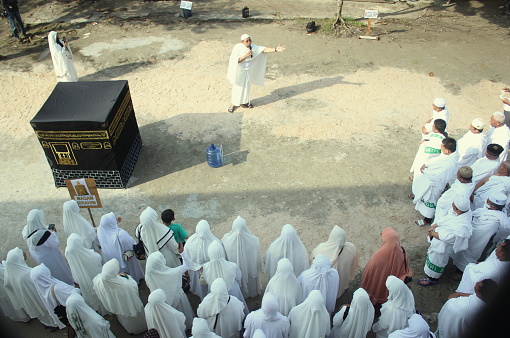Central Kalimantan, Indonesia - May 21, 2023 - Muslims in Kalimantan practice the procedures for performing the pilgrimage before leaving for Mecca, Saudi Arabia.