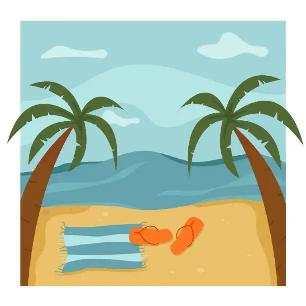 Vector illustration of Summer tropical beach with coverlet and sandals