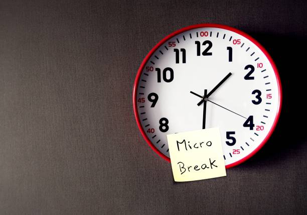 istock On copy space gray wallpaper, clock with stick note written MICRO BREAK, to break up from tasks or static postures by taking short tiny break to improve well being, keeping mind fresh and energized 1661043327