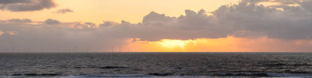 Banner sunset over the North Sea, windmills along the horizon