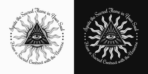 istock Circular label with all seeing eye, sun, text. Concept of intuition, expansion of consciousness, secret knowledge Black and white illustration in mystical style For clothing, apparel, T-shirts design 1661059983