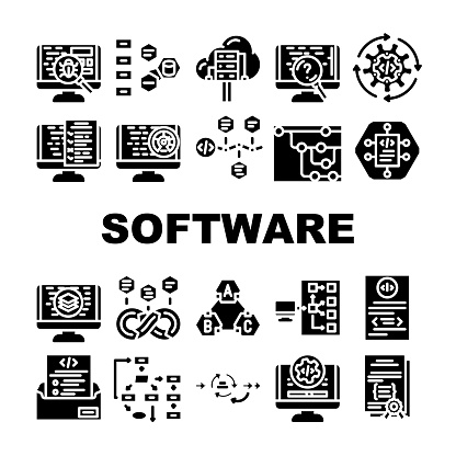 software compute, engineer icons set vector. code technology, office business, people man coder, work programmer website internet software compute, engineer glyph pictogram Illustrations