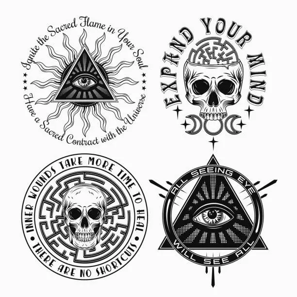 Vector illustration of Set of labels with all seeing eye, skulls, labirynth, text. Concept of intuition, secret knowledge, psychic abilities Monochrome mystical vintage illustrations for clothing, apparel, T-shirts design