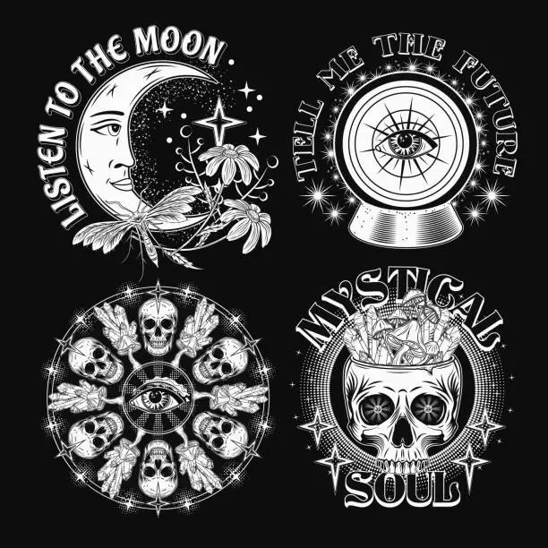 Vector illustration of Set of labels with magic crystal ball, moon, human skull, text. Surreal, mystic, occult concept. For clothing, apparel, T-shirts, surface decoration. Vintage style illustration on black background