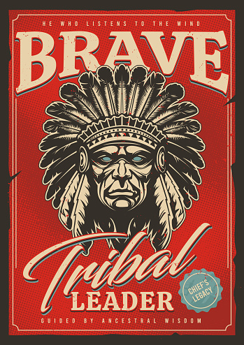 Retro style poster design with old Apache chief face. Typographic design with native American. He looking straight and hard. Grunge retro print. Vector graphic.