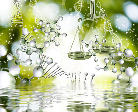 Abstract image of a scales against the background of stylized DNA chains of a blurred green space with flying abstract balls and reflection in the water surface