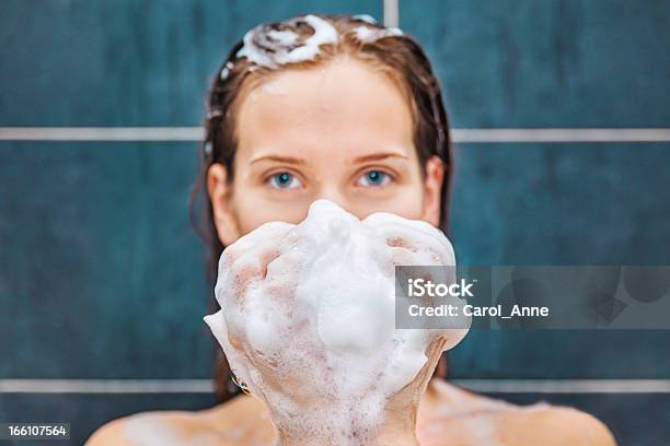 Young Beauty Under Shower Stock Photo - Download Image Now - Shower, Soap Sud, Women