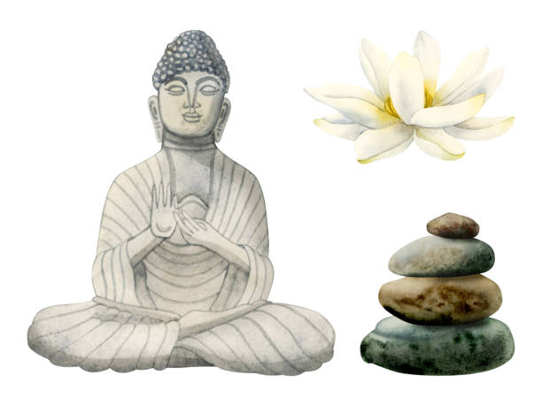 illustrazioni stock, clip art, cartoni animati e icone di tendenza di illustrazione del buddha ad acquerello con statua di pietra, piramide di pietre equilibrata e fiori di loto. elementi di design per progetti di meditazione, yoga e buddismo - arrangement asia backgrounds balance