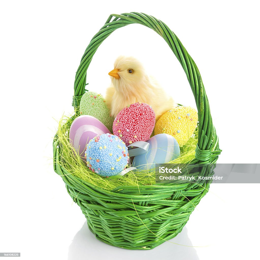 Ovos de Páscoa coloridos em uma cesta com bebê chick - Foto de stock de Animal royalty-free