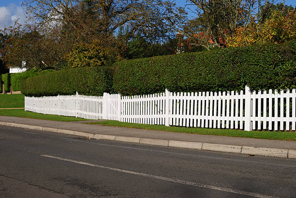 istock White picket fence and hedge. Surrey. England 166108304