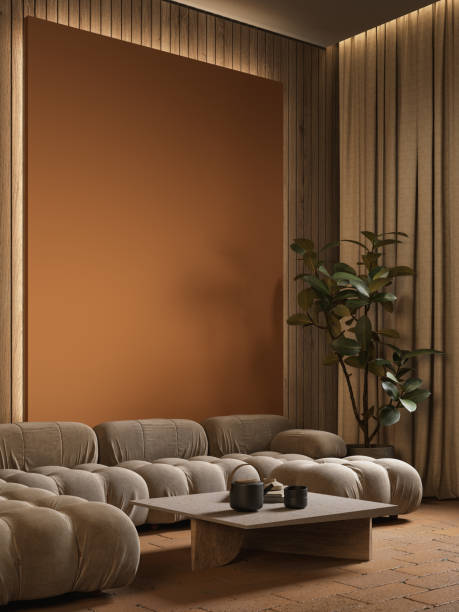 istock Contemporary interior with coffee table, sofa, orange poster and decor. 3d render illustration mockup. 1661084176