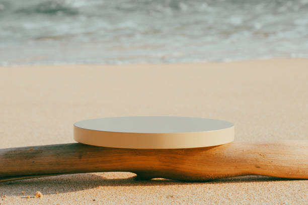 istock Empty round white platform podium and dry tree twig on the beach 1661084190