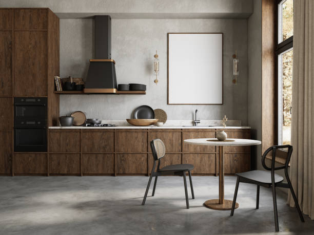 istock Grey kitchen interior with brown furniture, concrete floor, plaster wall and decor. 3d render illutration mockup. 1661085303