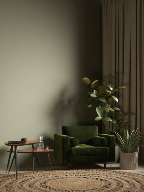 istock Green interior with armchair, coffee table and decor. 3d render illustration mockup. 1661085654
