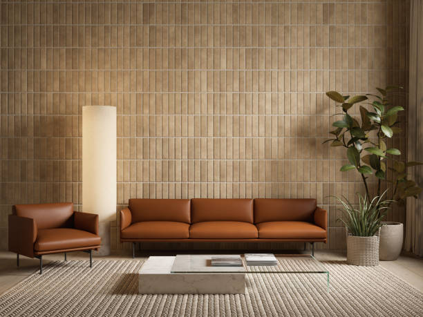 istock Contemporary interior with orange sofa and armchair, tile wall, coffee table and decor. 3d render illustration mockup. 1661086397