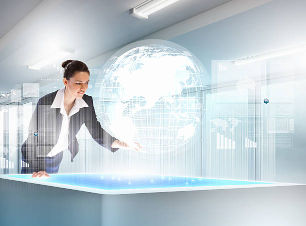 istock Businesswoman interacting with virtual 3D globe 166108923