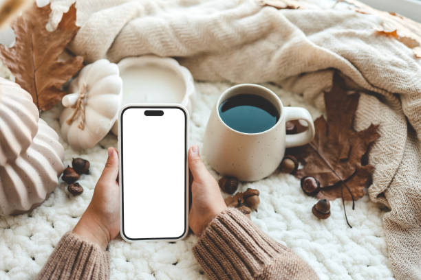 istock Phone with an isolated screen in hands, autumn mood 1661091328