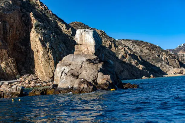 Photo of The famous pelican rock of the famous Sea of Cortez on the Mexican coast of Cape St. Luke's in Mexico under the sun.