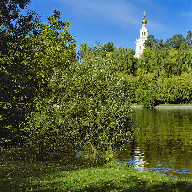 秋の風景、教会のホーリートリニティモスクワで - cupola gold russian orthodox autumn ストックフォトと画像