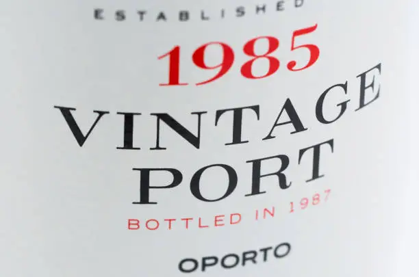Label of a bottle of 1985 vintage port. Vintage ports are typically bottled two years after the harvest.Wine cork on a bottle of 1987 vintage port.