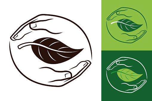 Vector Illustration of a Beautiful Symbol with Human Hands Protecting Nature. Sustainable Resources Clip Art Symbol.