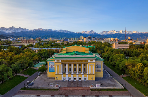 Almaty, Kazakhstan, 09.05.2023.
View of the opera and ballet theater in the Kazakh city of Almaty in the early morning